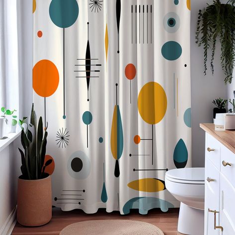 Retro Bathroom Decor, Modern Shower Curtain, Retro Bathroom, Cloth Shower Curtain, Colorful Shower Curtain, Curtain Styles, Retro Bathrooms, Modern Shower Curtains, Boho Shower Curtain