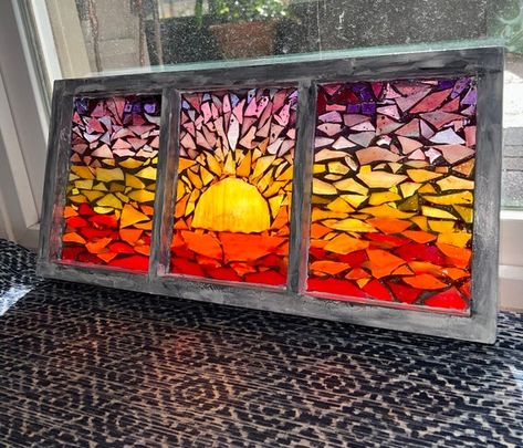 Mosaic Window Art, Mosaic Stained Glass Windows, Fused Glass Wall Art Ideas, Window Mosaic Ideas, Glass Mosaic Art Diy, Painted Stained Glass Windows, Glass On Glass Mosaic Ideas, Mosaic Landscapes Ideas, Mosaic On Old Windows