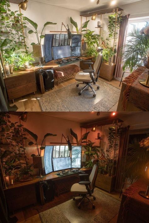 Plant Themed Gaming Setup, Industrial Gaming Setup, Academia Gaming Setup, Nature Themed Gaming Setup, Classy Gaming Room, Earthy Gamer Setup, Forest Pc Setup, Whimsigoth Gaming Setup, Forest Aesthetic Living Room