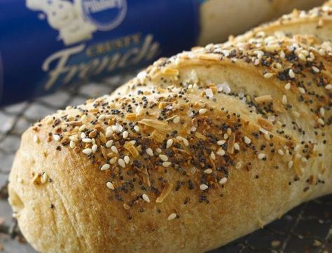 This loaf includes all the flavors of an everything bagel and is perfect for breakfast, lunch or dinner. Pillsbury French Bread, French Bread Recipe, Everything Bagel Seasoning, A Loaf Of Bread, Pillsbury Recipes, Bagel Seasoning, Cheesy Bread, Loaf Of Bread, Vegan Bread