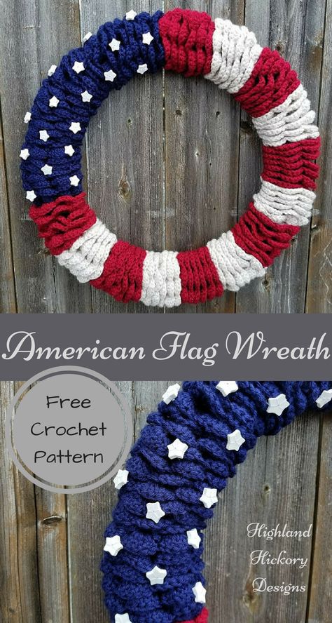 Crochet the American Flag Wreath. Free Pattern. This is a beginner level pattern with some minor sewing. Patriotic Crochet, Crochet Wreaths, Crochet Wreath Pattern, American Wreath, Crochet Puff Flower, American Crochet, Crochet Holiday, American Flag Wreath, Crochet Wreath