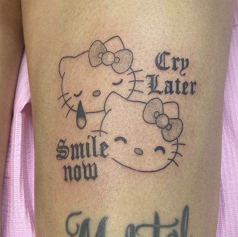 Hello Kitty Butterfly Tattoo, Betty Boop Smile Now Cry Later, Tatuajes Hello Kitty, Hello Kitty Sleeve Tattoos, Small Cartoon Tattoo Ideas, Small Tattoos Hello Kitty, Small Hello Kitty Tattoo, Cute Small Hello Kitty Tattoos, Cry Baby Tat