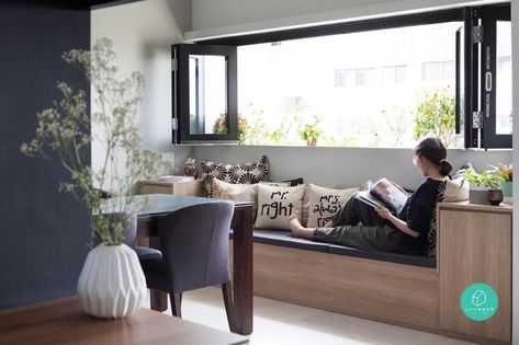 9 Coolest Ways To Utilise Bay Window Space In Singapore Homes - Style Degree Bay Window Design, Bay Window Living Room, Interior Design Singapore, Window Benches, Cosy Corner, 아파트 인테리어, Living Room Windows, Home Room Design, Window Seat