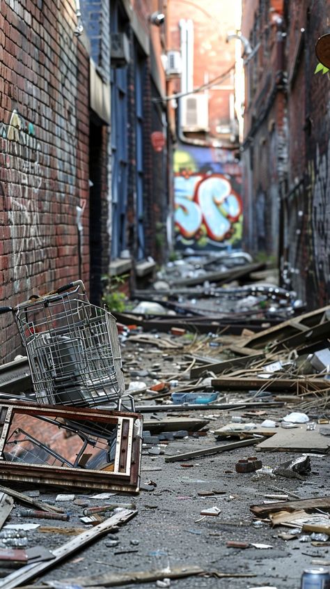 #Urban Decay Scene: A desolate #alleyway filled with #debris, discarded objects, and #graffiti, reflecting #urban decay and neglect. #urban #decay #alley #graffiti #debris #aiart #aiphoto #stockcake ⬇️ #Download and 📝 Prompt 👉 https://stockcake.com/i/urban-decay-scene_830784_905290 Urban Texture Photography, Scrap Yard Photoshoot, Abandoned Urban Places, Abandoned Places Photography, Abandoned Buildings Photography, Urban Decay Art, Abandoned Alleyway, Alleyway Photography, Urbanisation Photography