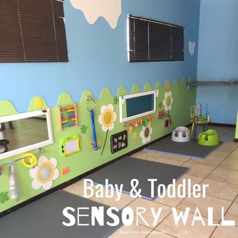 Creating a sensory wall that will keep babies and toddlers busy. #sensoryactivities #sensoryinput Infant Room Daycare, Church Nursery Decor, Kids Church Rooms, Kids Church Decor, Daycare Rooms, Sunday School Rooms, Daycare Decor, Daycare Design, Sensory Wall