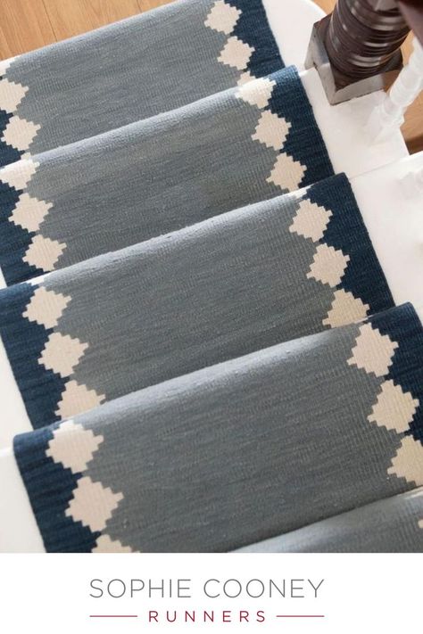 Blue and grey stair runner Stair Runner Carpet Colorful, Blue Carpet Stair Runner, Navy Carpet Runner On Stairs, Carpet Runner On Stairs Uk, Staircase Runner Carpet Blue, Carpet Staircase, Green Street, Coastal Farmhouse, Hallway Runner