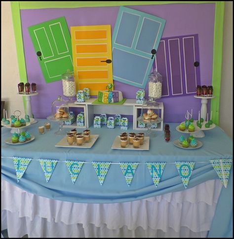 Monsters Inc. Birthday Party dessert table!  See more party ideas at CatchMyParty.com! Monsters Inc Party Backdrop, Disney Party Themes, Monsters Inc Party, Monsters Inc Cake, Monster University Birthday, Monster University Party, Monsters Inc Baby Shower, Pixar Party, Monsters Inc Baby