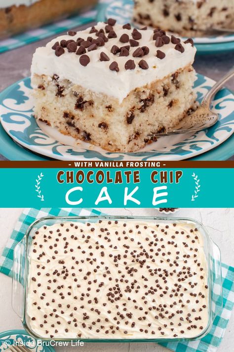 This chocolate chip cake recipe is incredibly easy, guaranteeing a fluffy and moist cake every time. Topped with luscious vanilla frosting and decorated with mini chocolate chips, this cake is an absolute crowd-pleaser. Follow our step-by-step instructions and make this delicious dessert today! White Cake With Chocolate Chips, Easy Chocolate Chip Cake Recipe, Easy 9x13 Cakes, Chocolate Chip Cake With Box Cake, Best Chocolate Chip Cake Recipe, Vanilla Cake With Chocolate Chips, Choc Chip Cake Recipe, Chocolate Chip Desserts Easy Quick, Chocolate Chip Pudding Cake