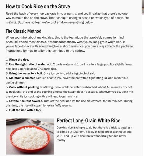 Step by step to make white rice on the stove from Food Network Kitchen Perfect White Rice On The Stove, How To Make White Rice On The Stove, How To Cook Rice On The Stove, Cooking Rice On Stove, White Rice Stove Top, Make White Rice, Stove Top Rice, Starch Recipes, Perfect White Rice