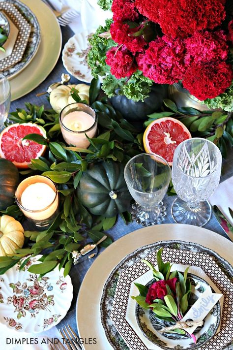 DIMPLES AND TANGLES FALL DECORATING IDEAS REVIEW: PART 1 - Dimples and Tangles Tablescaping Ideas, Tablescapes Thanksgiving, Friendly Village Dishes, Dimples And Tangles, Vintage Dinner, Thanksgiving Tablescape, Fall Decorating Ideas, Table Setting Inspiration, Faux Pumpkins