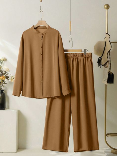 Plus Size Solid Color Button-Front Long Sleeve Blouse And Pants 2-Piece Set Khaki Casual    Plain  Non-Stretch  Women Plus Clothing, size features are:Bust: ,Length: ,Sleeve Length: Co Rd Sets For Women, Coat Set For Women, Co Ords Outfits Two Pieces, Monday Outfit, Blouse And Pants, Co Ords Outfits, Winter Coat Outfits, Blouse Designs Indian, Fashion Sketches Dresses