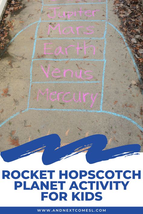 Looking for solar system and planet activities for kids? Why not try a game of rocket hopscotch! It's a great way to get kids moving while learning the order of the planets. Planet Activities For Kids, Planet Activities, Solar System Activity, Order Of The Planets, Planets Activities, Camp Themes, Solar System Activities, Activity Games For Kids, Space Week