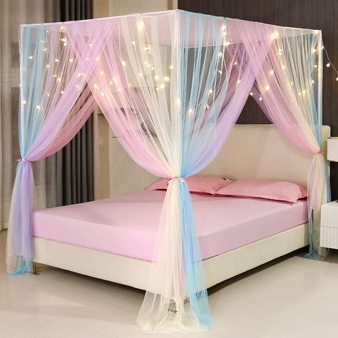 Curtains With Lights, Rainbow Canopy, Bed Canopy With Lights, Canopy Bed Drapes, Rainbow Bed, Princess Canopy Bed, Bed Drapes, Canopy Bed Curtains, Canopy Curtains