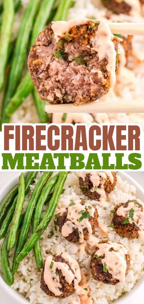 Firecracker Meatballs are flavourful homemade ground beef meatballs with a bit of a kick from siracha sauce and red pepper flakes and topped with a sour cream and mayo based sauce. Firecracker Meatballs, Homemade Ground Beef, Firecracker Sauce, Siracha Sauce, Ground Beef Meatballs, Meatballs And Rice, College Cooking, Spicy Meatballs, Meatball Sauce