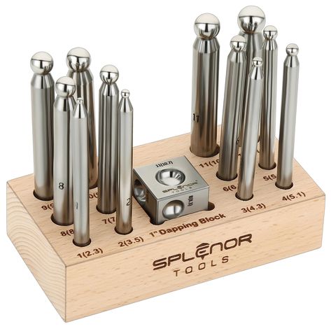 PRICES MAY VARY. Made of high quality steel for durability and long life. Machined in CNC machine for perfect round shape This set includes 1" Square dapping block, 12 Dapping punches (2.5mm to 11.5mm) & wooden stand Dapping punch size marked on punch handle, wooden stand and on dapping block cavity for easy to use Heat-treated for long working life Ideal for shaping, forming, and chasing both precious metals and metal jewelry Also great for forming soft metals for jewelry making, coin making, m Metal Forming Tools, Jewelry Tutorials Free, Jewelers Tools, Metal Forming, Jewelry Making Kits, Jewelry Kits, Small Flat, Tool Steel, Wooden Stand