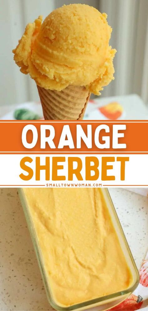 Homemade Orange Sherbet recipe is a delicious and refreshing frozen treat made with fresh squeezed orange juice, orange zest, vanilla extract, milk, and cream! This quick and easy recipe churns up nicely in about 30 minutes in an ice cream maker. Save this pin! Homemade Orange Sherbet, Orange Sherbet Recipe, Sherbet Ice Cream, Sherbet Recipes, Orange Ice Cream, Orange Sherbert, Easy Ice Cream Recipe, Mint Ice Cream, Easy Ice Cream