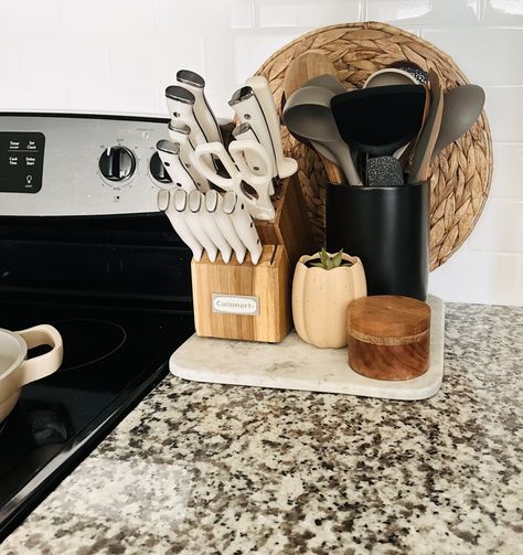 Kitchen counter styling, knife block, utensil holder, salt locker Kitchen Counter Knife Block, Kitchen Knife Block Counter Space, Kitchen Counter Utensil Display, Kitchen Knife Organization, Knife Block On Counter, Counter Styling, Kitchen Counter Styling, Kitchen Countertop Decor, Knife Organization