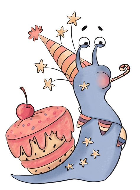 Birthday Snail with a cake on Behance Snail Cake, Cake Cherry, Hat Cake, Adorable Pictures, Illustration Procreate, Happy 2nd Birthday, Birthday Hat, Procreate App, Cherry On Top