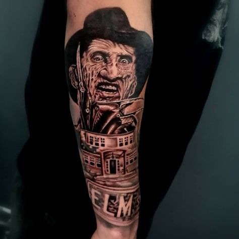 Freddie Kruger Tattoo, Nightmare On Elm Street Tattoo, Freddy Krueger Tattoo Design, Horror Themed Tattoos, Elm Street Tattoo, Tattoos Horror, Street Tattoos, Freddy Krueger Tattoo, Unique Tattoos Black Women