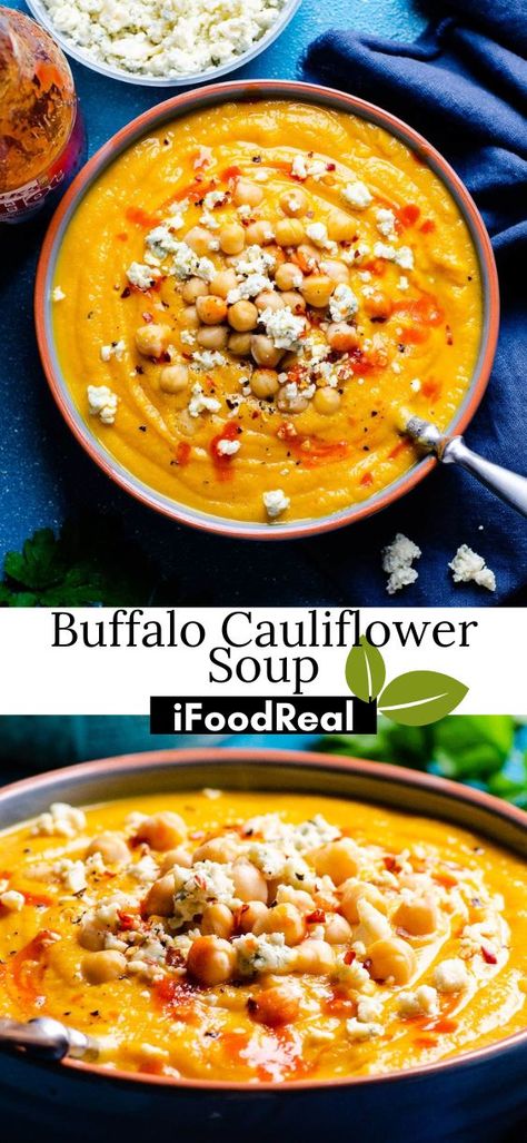 This easy Buffalo Cauliflower Soup Recipe is made without cream or roasting the cauliflower, and with a heat kick. It’s amazing on a chilly day! Cauliflower And Chickpea Soup, Buffalo Cauliflower Soup, Cauliflower Recipes Soup, Easy Buffalo Cauliflower, Cauliflower Soup Healthy, Cauliflower Soup Recipe, Buffalo Chicken Soup, Cauliflower Soup Recipes, Chickpea Soup