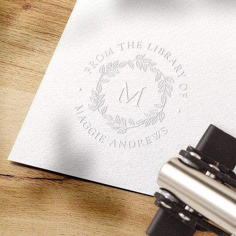 Monogram Bookplate Embosser Classic Lettering, Gifts For Your Husband, Botanical Wreath, Custom Embosser, Botanical Leaves, Personalized Home Decor, Monogram Wreath, Personalized Gifts For Men, Initial Monogram