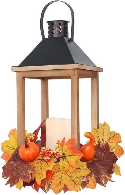 Fall Decorations for Home——Farmhouse rustic lantern is open on the sides and doesn't have any glass, the flameless candle and wreath is included, providing a very soft ambient light. When the battery operated candle is lit it gives the fall vibe especially with autumn leaves. It's a beautiful warm color light. The decorative candle lantern is big enough for a window sill decor. Large Candle Lanterns, Wooden Candle Lanterns, Fall Decorations For Home, Outdoor Thanksgiving, Window Sill Decor, Fall Lantern, Porch Table, Hanging Candle Holder, Rustic Lanterns