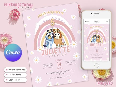 Bluey Birthday Invitation, Dog Birthday Invitations, Bluey Birthday, Girl Birthday Party Invitations, Party Invitations Kids, Blue Birthday, Dog Party, Birthday Invitations Kids, Blue Dog