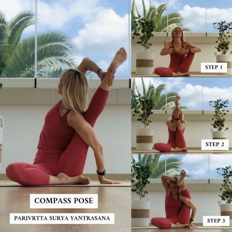 Compass Pose Yoga, Yoga Advanced, Yoga Chart, Compass Pose, Yoga Steps, Yoga Routines, Fitness Outfit, Yoga Poses Advanced, Yoga Sequences