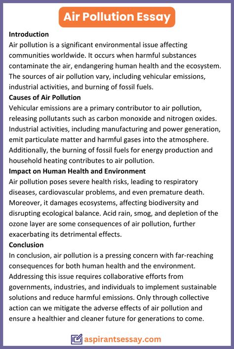 Essay on Air Pollution in English (150, 200, 250, 500 Words) | More samples are on the blog for students to get different essay writing idea. Click on the image & explore. Custom writing services for any assignment. Homework Help Hub: Expert Tips and Tricks 🎓 Are Columbia supplemental essays multiple choice?, quaid e azam biography, myessay 🌐 #ResearchPaper Pollution Essay In English, Causes Of Air Pollution, Common App Essay, 500 Word Essay, Essay Writing Examples, Essay Samples, Global Goals, Essay Competition, Ielts Speaking