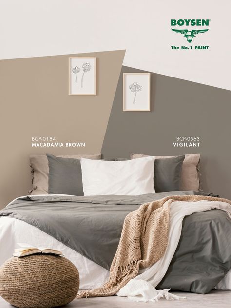 Can’t choose between your top color picks? Why not use both?! Whether as an accent wall or a unique faux headboard for the bedroom, remember to keep things fun and interesting. If a simple wall split looks too plain for you, try a slanted application! #BOYSEN #BOYSENPaints - - - Color codes: BOYSEN Color Palette BCP-0184 Macadamia Brown and BCP-0563 Vigilant Boysen Paint Colors Palette Bedroom, Boysen Paint Colors Palette, Split Wall Paint Color Schemes, Wall Paint Color Schemes, House Color Combination, Paint Colour Palettes, Wall Split, Faux Headboard, Bedroom And Closet