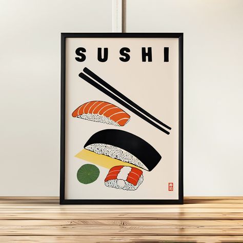 Minimalist Sushi Poster - Japanese Cuisine Wall Art, Food Illustration Print, Chopsticks and Lime Accent, Kitchen and Dining Room Decor Sushi Poster, Poster Japanese, Sushi Art, Vegetable Prints, Kitchen And Dining Room, Kitchen Posters, Original Art Prints, Art Food, Food Illustration