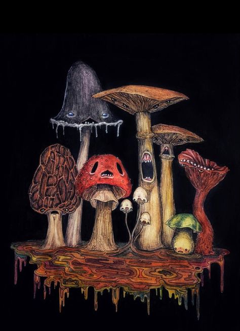 Mushroom art, cottage core, horror art, scary mushrooms cute Creepy Cottagecore, Spooky Mushrooms, Fungi Art, Mushroom Paint, Mushroom Drawing, Mushroom Fungi, Arte Obscura, Mushroom Art, Trippy Art