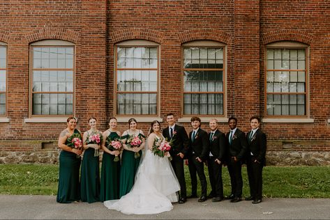 Emerald Green Bridesmaids Dresses and Groomsmen Ties from @shopbirdygrey with Pink Florals for a Summer Wedding #wedding #weddingideas #wedding #weddinginspiration #weddingplanning #bridesmaid #groomsmen Black Suits Groomsmen, Emerald Green Bridal Party, Emerald Green Bridesmaids, Green Bridal Party, Pink Groomsmen, Suits Groomsmen, Green Bridesmaids Dresses, Hot Pink Bridesmaid Dresses, Hot Pink Bridesmaids