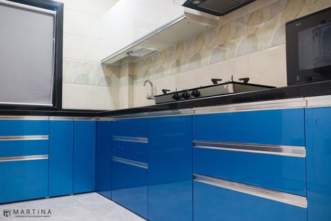 Acrylic modular kitchen in blue and white combination with G section handles White Acrylic Kitchen Cabinets, White Acrylic Kitchen, Acrylic Kitchen Cabinets, Acrylic Kitchen, White Acrylic, White Acrylics, Kitchen In, Multiple Color, House Colors