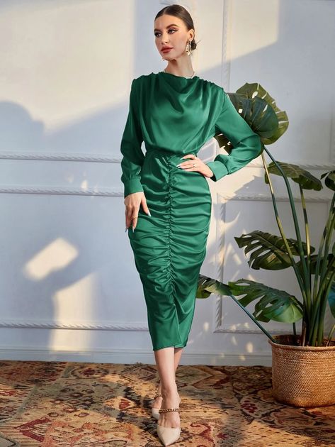 Draped Collar Bishop Sleeve Ruched Split Back Dress | SHEIN USA Modest Midi Dress, Dressy Casual Outfits, Bishop Sleeve, Hijab Fashion Inspiration, Split, Dressy Casual, Dress Backs, Satin Dresses, Hijab Fashion