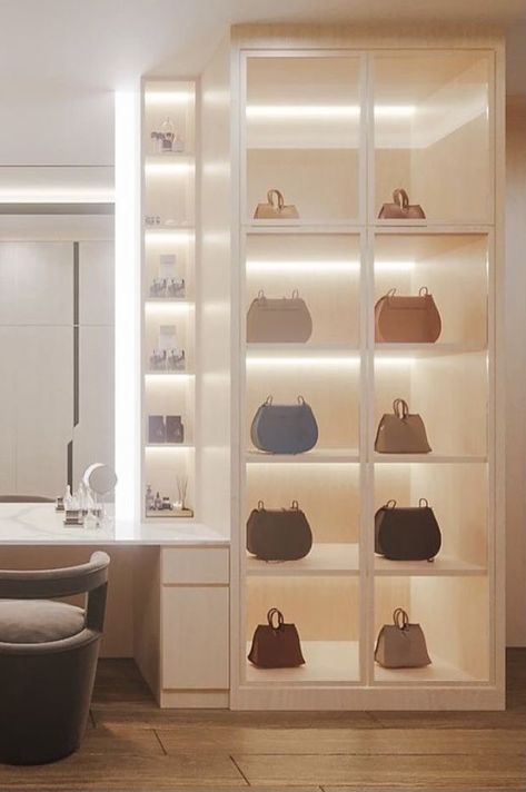 Bag Display Closet, Bag Display Ideas Bedroom, Bag Display Cabinet, Meja Makeup, Skincare Shelfie, Single Wardrobe, Glass Closet, Bag Closet, Dream Closet Design