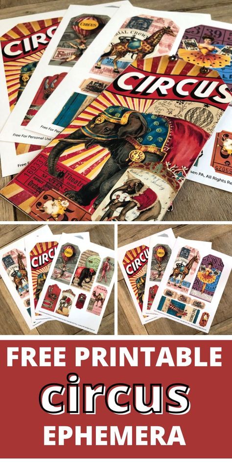 Free Vintage Circus Printables, Circus Tickets Printable Free, Circus Journal Theme, Free Circus Printables, Ticket Ephemera, Circus Ephemera, Circus Cards, Circus Printables, Vintage Circus Birthday Party