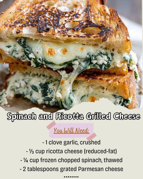 Ingredients: \n- 1 clove garlic \n- 1/2 cup ricotta cheese, reduced-fat\n- 1/2 cup frozen chopped spinach, thawed\n- 2 tbsp grated Parmesan cheese\n- 1 cup grated mozzarella cheese\n- 4 slices sourdough bread\n- 1 tbsp butter\n- 1/4 cup pasta sauce\n\nInstructions:\n- Fry garlic in olive oil until fragrant.\n- Mix ricotta, spinach, Parmesan, and herbs.\n- Spread on bread, add mozzarella and top.\n- Cook in pan until cheese melts and golden brown.\n#SpinachRicotta #GrilledCheese #ComfortFood Herbed Ricotta With Grilled Bread, Spinach Ricotta Grilled Cheese, Ricotta Grilled Cheese, Top Cook, Garlic In Olive Oil, Spinach Parmesan, Ricotta Spinach, Spinach Ricotta, Grilled Bread