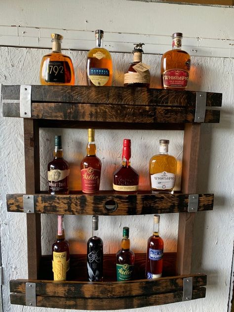 Bourbon Barrel Decor, Whiskey Rack, Whiskey Barrel Bar, Whiskey Barrel Table, Wine Barrel Crafts, Liquor Shelf, Whiskey Barrel Furniture, Alcohol Bar, Barrel Projects