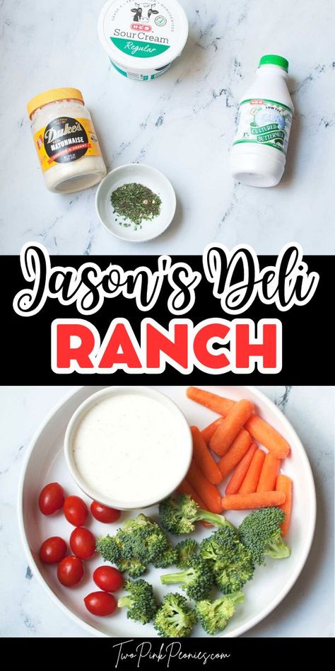 text that says Jason's Deli Ranch above is a photo of ingredients below is a photo of ranch dressing in a bowl surrounded by vegetables Ranchero Wrap Jasons Deli Recipe, Jason’s Deli Ranch Dressing Recipe, Jason’s Deli Copycat Recipes, Runny Ranch Dressing Recipe, Jasons Deli Recipes, Panera Copycat Recipes, Great American Cookie, Jasons Deli, Panera Copycat