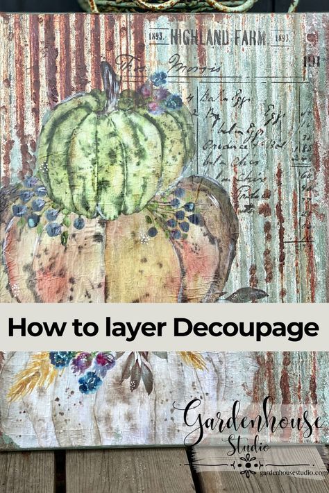 Are you ready to transform your home with handmade fall decor? In this DIY video we use Roycycled decoupage papers, Corrugated Metal, and Heirloom Pumpkin Stack, combined with a vintage ledger stencil, to create rustic farmhouse inspired decor. Perfect for a DIY beginner, this easy-to-follow decoupage tutorial will guide you through layering decoupage paper and adding stenciled details for a unique look. #DIYFallCrafts #DecoupageTutorial #PumpkinCrafts #AutumnHomeDecor #BudgetFriendlyCrafts" Roycycled Decoupage Ideas, Decoupage Decor Ideas, Decoupage Art Ideas, How To Decoupage With Paper On Wood, Decoupage Ideas Paper, Decoupage On Metal, Roycycled Decoupage, Mold Art, Vintage Ledger