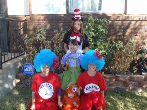 my families homemade group costumes Cat In The Hat Cat In The Hat Group Costume, Cat In The Hat Family Costumes, Cat In The Hat Halloween Costumes, Fish Costume Diy, Cat In The Hat Costume, Bear Baby Shower Cake, Costume Family, Fish Costume, Costume Diy