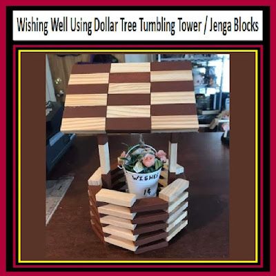 Wishing Well Using Dollar Tree Tumbling Tower / Jenga Blocks Jenga Block Wishing Well, Tumbling Tower Block Crafts Diy, Mini Jenga Block Crafts, Jenga Ornaments, Diy Jenga Blocks Ideas, Large Jenga, Ice Cream Cone Cupcake, Diy Jenga, Jenga Crafts