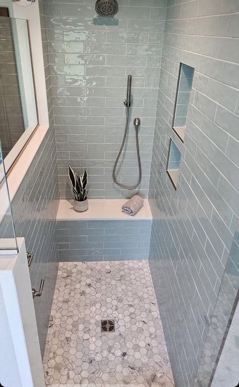 Small Master Bath Layout Floor Plans, Waterfall Tile Shower Design Accent Wall, Gray Bathroom Shower Tile, Small Tiled Shower Ideas, Blue Gray Bathroom Ideas, Shower With Accent Tile, Blue Gray Bathroom, Blue Shower Tile Ideas, Shower Tile Patterns