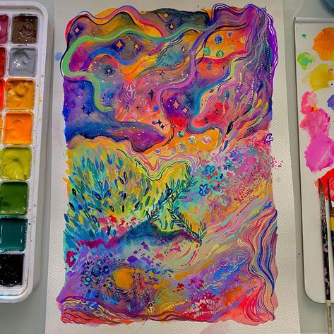 Karen Cheok ( KC ) ⚡️ on Instagram: ““Eudaimonia” ✨ gouache on watercolour paper. ‎ I painted this piece when I just recovered from a mental breakdown. I’ve been dealing with…” Gouache Art, Arte Sketchbook, Art Inspiration Painting, Painting Art Projects, Funky Art, Art Abstrait, Drawing Techniques, Art Project, Pretty Art