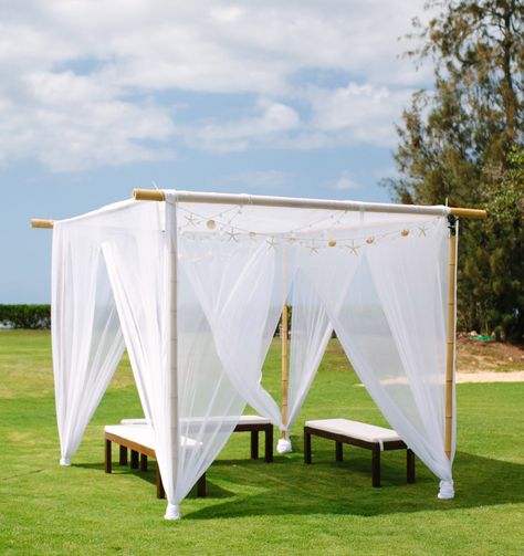 Diy Cabana, Boho Cafe, Bamboo Lighting, Luxury Picnics, White Gazebo, Gazebo Roof, Fabric Drape, Wooden Canopy, Backyard Shade