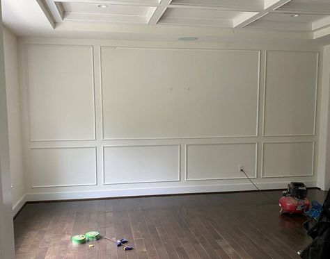 Wainscoting Ideas Ceiling, Family Room Moulding, Wainscotting Large Wall, Coffered Dining Room Ceiling, Wainscoting Different Size Walls, Accent Wall With Coffered Ceiling, New Construction Home Interior, Wainscoting In Office, Family Room Wainscoting Ideas