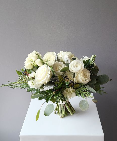 WCBQTMD17,WCBQTSM17,WCBQTLG17 A gorgeous classically styled bouquet featuring a blend of white roses, white spray roses, white stock, ranunculus, and anemone, soft dusty miller, flat cedar, and other textures, hand-tied with a ribbon wrapped stem. Perfect for holiday destination weddings, courthouse surprises, and romantic elopements.(No Vase Included) Garden Wedding Bouquet, Ranunculus Bouquet, White Spray Roses, Simple Wedding Bouquets, Winter Bridesmaids, Fall Bridesmaids, White Winter Wedding, Winter Wedding Bouquet, Bridal Bouquet Fall