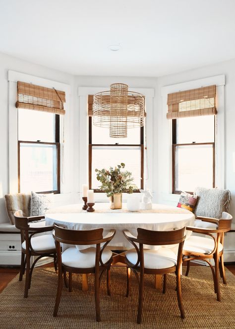 bay window breakfast nook :: This Charming Pittsburgh Home Has 3 Hidden IKEA Hacks—Can You Spot Them? Dining Light Fixtures, Farmhouse Style Dining Room, Modern Farmhouse Dining Room, Farmhouse Dining Room Table, Modern Farmhouse Dining, Dining Room Remodel, Dining Room Light Fixtures, Craftsmen Homes, Dining Lighting