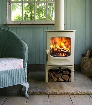 CharnwoodC-Four wood burning stove- Charnwood Stoves Colored Stove, Corner Wood Stove, Outdoor Wood Burning Fireplace, Inset Stoves, Boiler Stoves, Brick Interior, Wood Fuel, Country Living Room, Log Burner